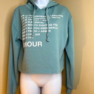 Cropped casual fleece athletic graphic sweatshirt green blue size small hood